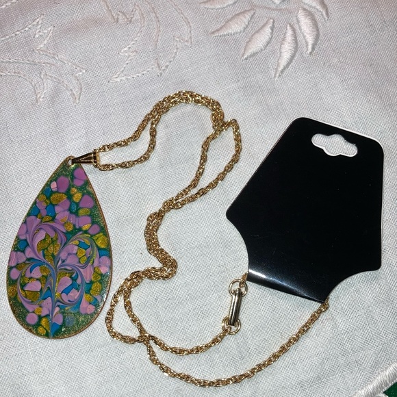 NECKLACE, reversible gt signed, enamel on metal 2 1/2” teardrop $25 - Picture 5 of 10